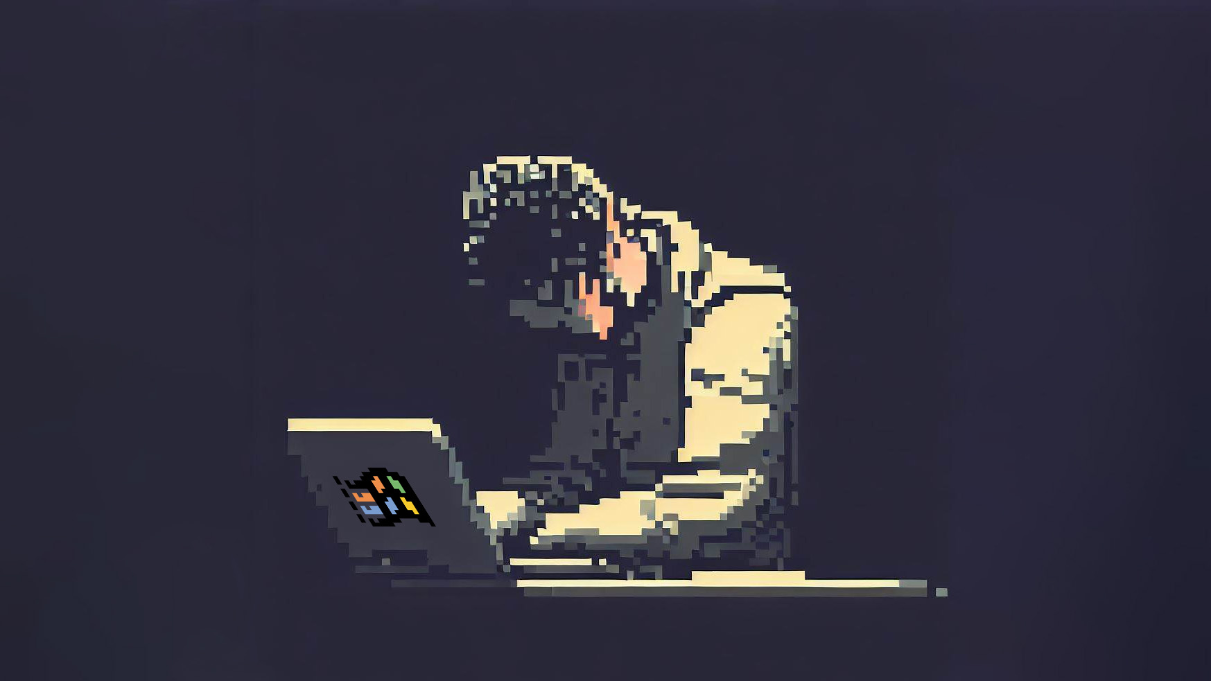 Homem triste em um estilo de arte de pixel de laptop