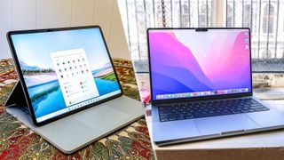 Microsoft Surface Laptop Studio vs 14-inch MacBook Pro, one on each side of the image