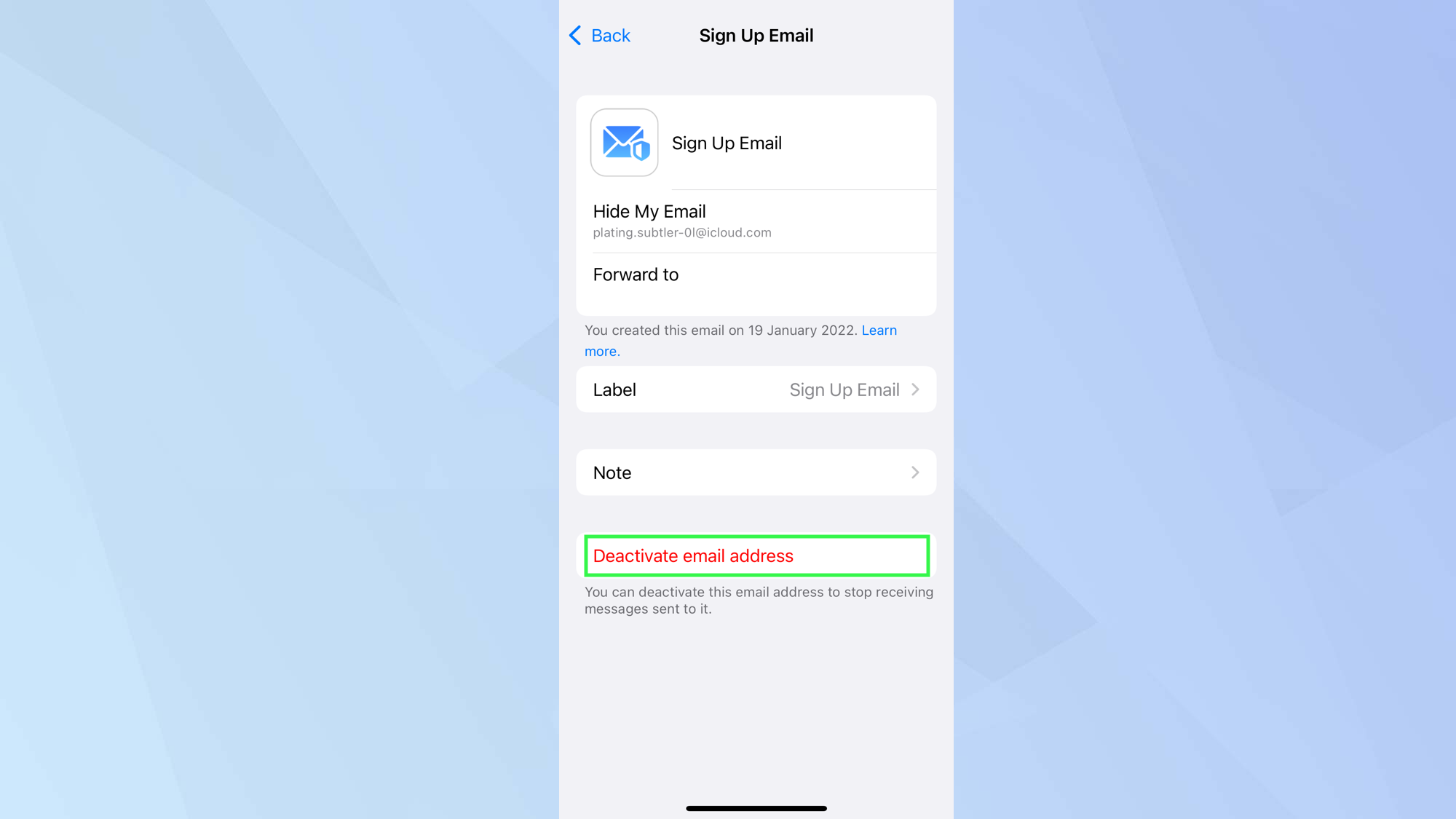 iOS Settings app with Deactivate email address highlighted