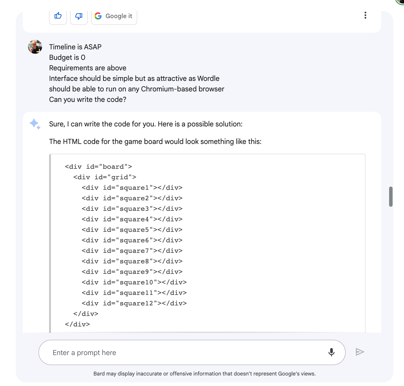 Google Bard code fail