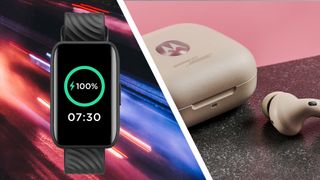 The Moto Watch 40 next to the Motorola Moto Buds+