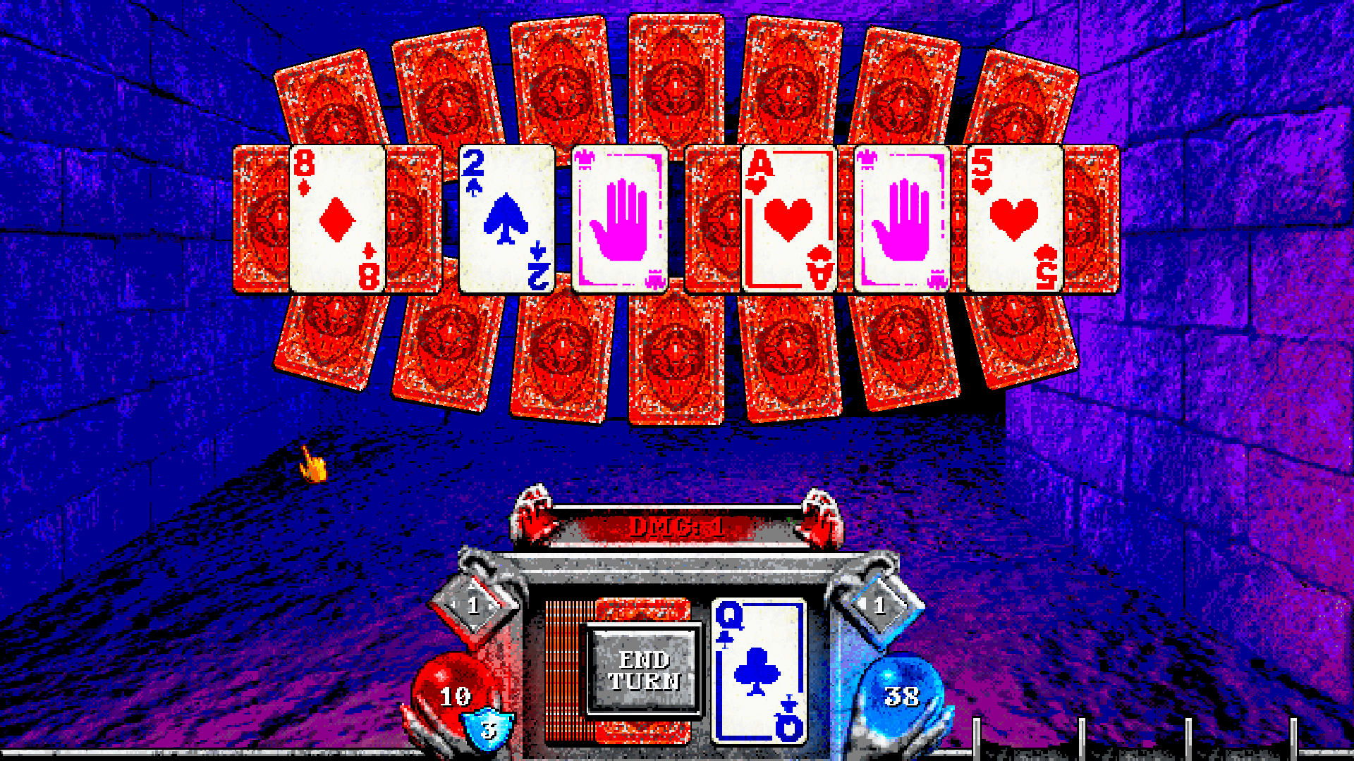 A screenshot of Forbidden Solitaire. Several playing cards are displayed in the middle of the player's view with their hand below. A dark purple hallways extends into the dark in the background.