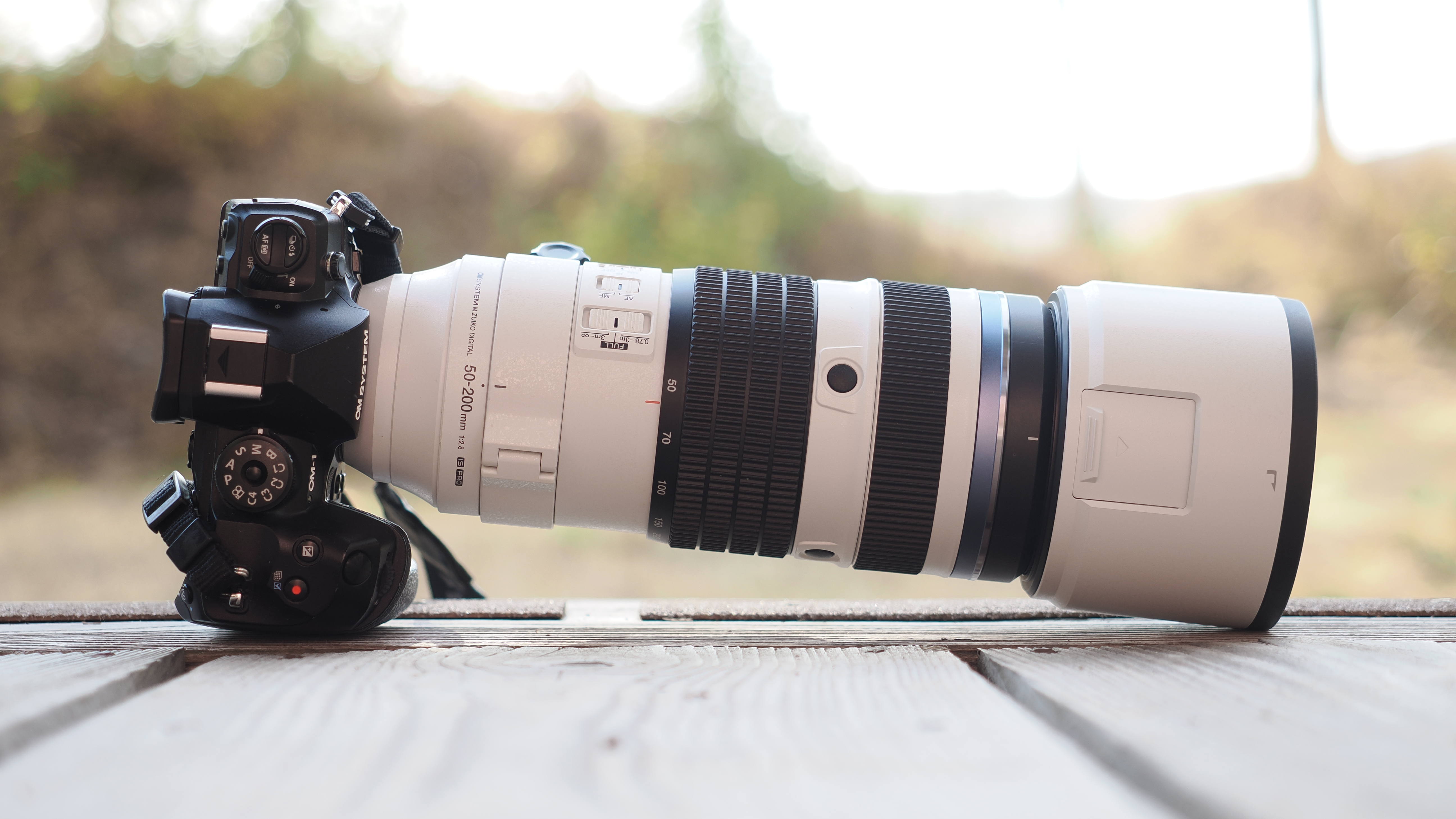 The OM System M.Zuiko 50-200mm f/2.8 IS Pro lens, mounted to the OM System OM-1 Mark II, in an outdoor setting
