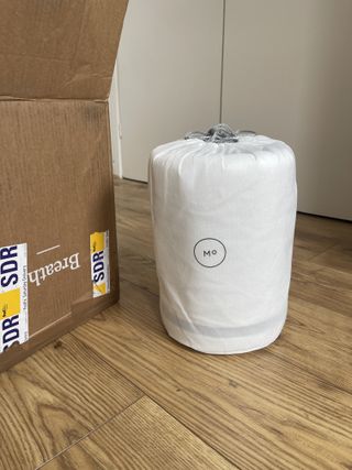 Molekule Air Mini+ in drawstring bag next to original cardboard packaging