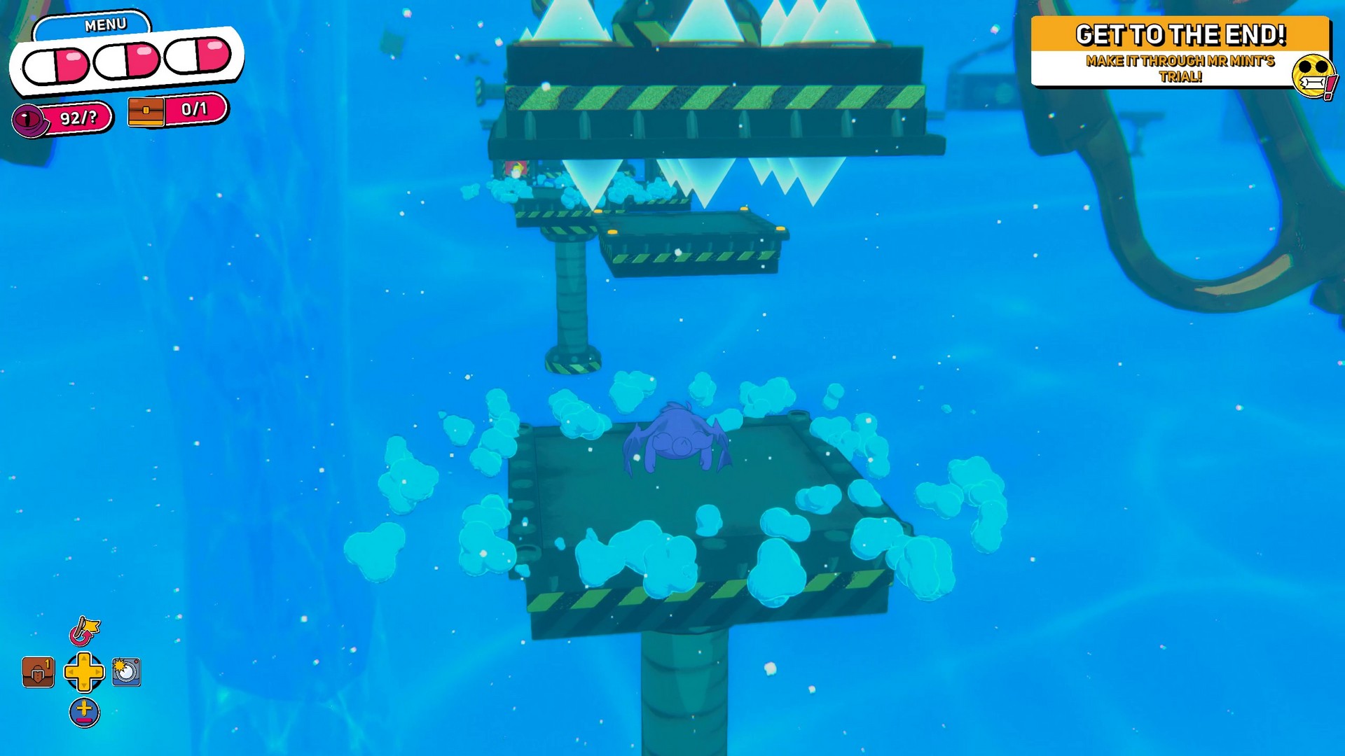 Beebz flaps towards some spiky platforms in one of Mr Mint's challenges in Demon Tides