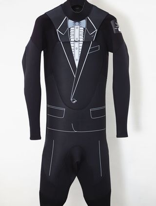 His tuxedo trompe-l'oeil wetsuit is a stand out.