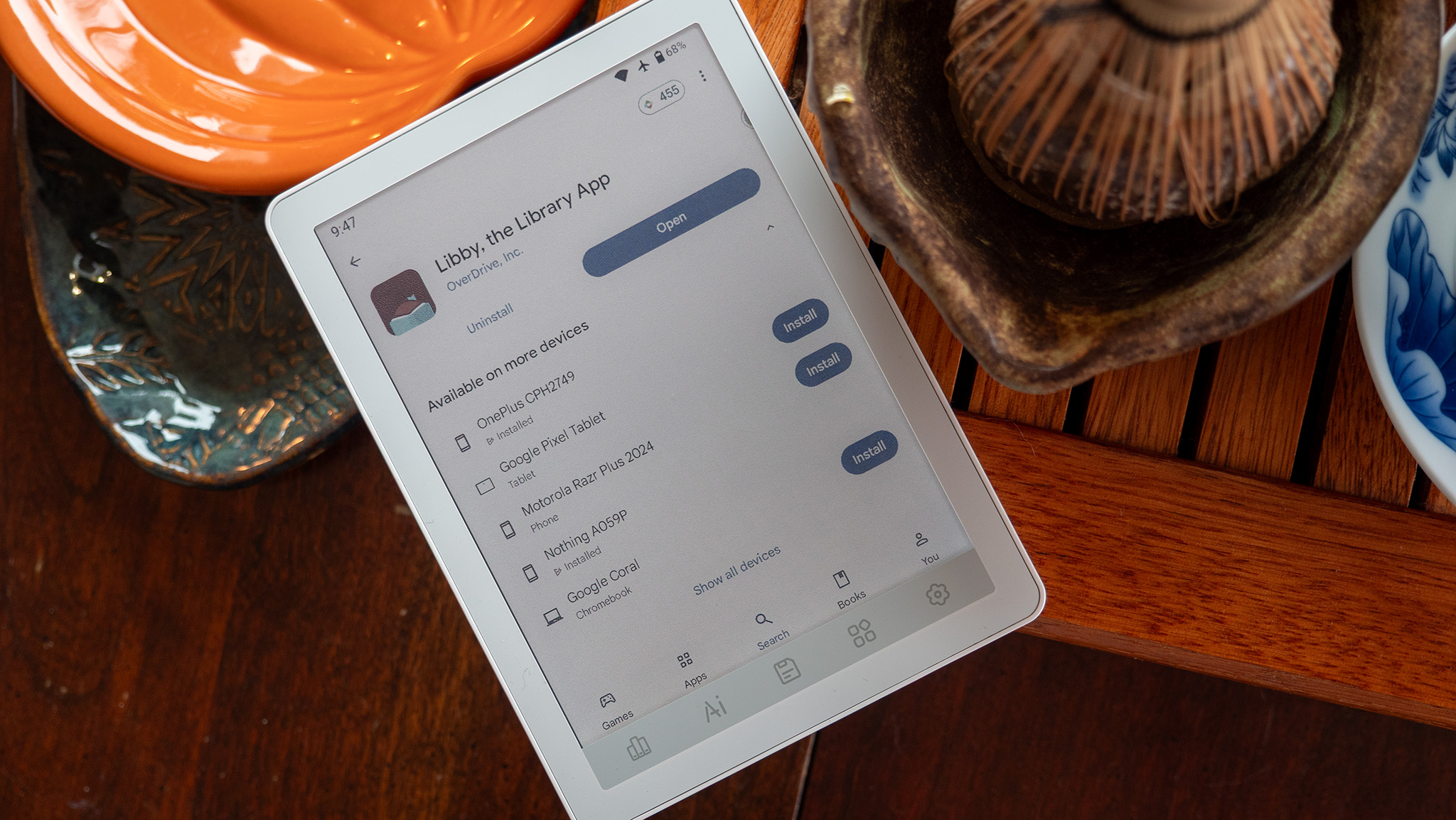 The Libby app Google Play Store listing on a Bigme B6 color E Ink reader