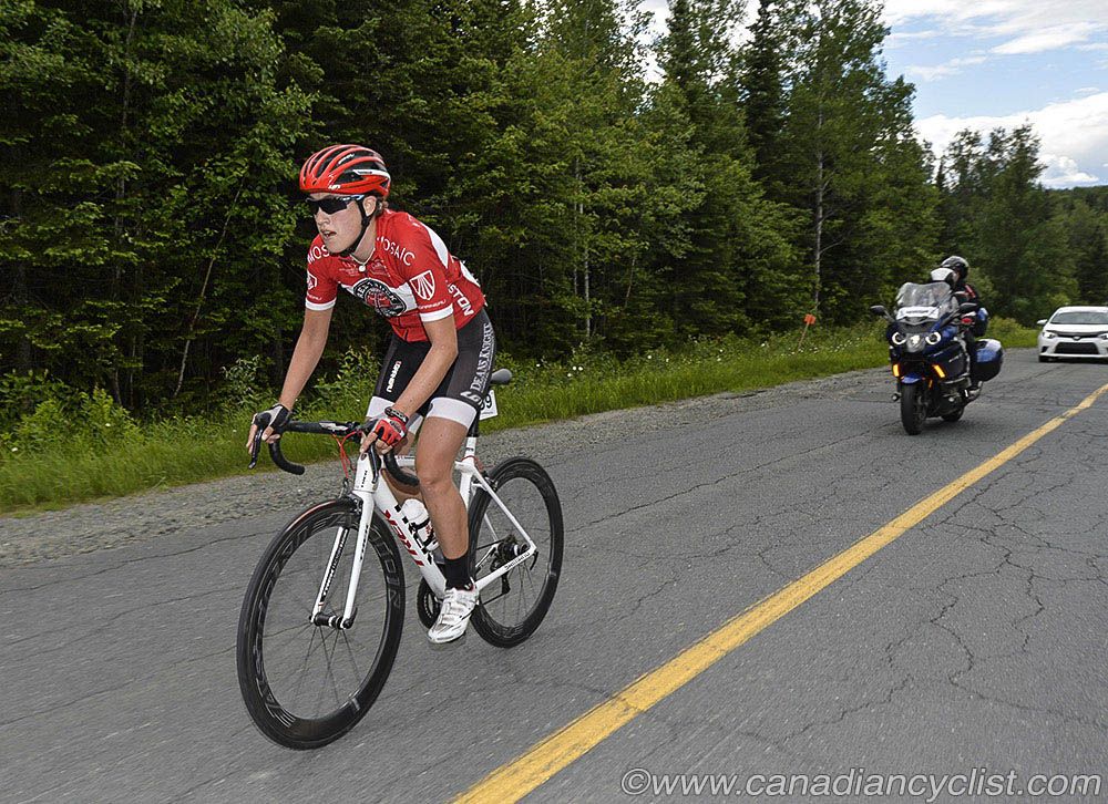 Denise Ramsden (Trek Red Truck) attacked with 20 km to go and was finally caught with less then two kilometres to go