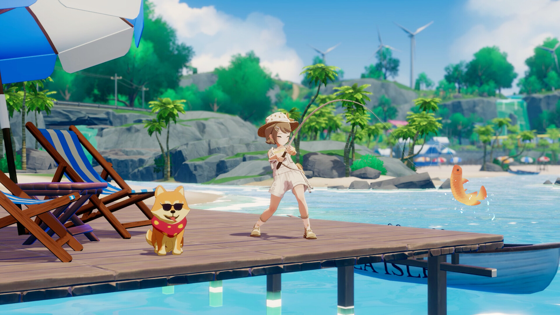 Starsand Island screenshot showing the player character standing by a lake's edge as they fish next to a Shiba Inu dog who wears shades