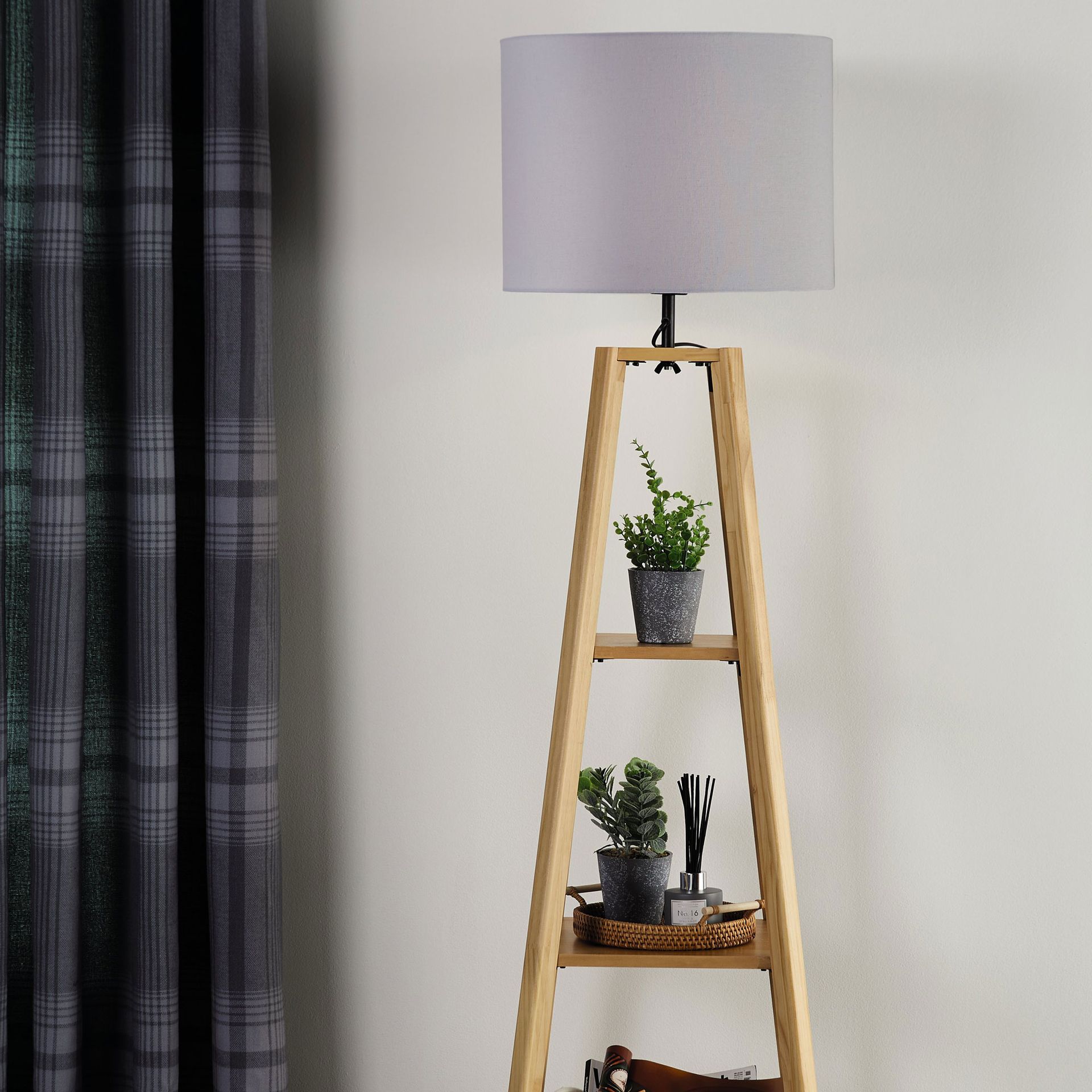 Aldi shelved lamp in pale pine with linen shade