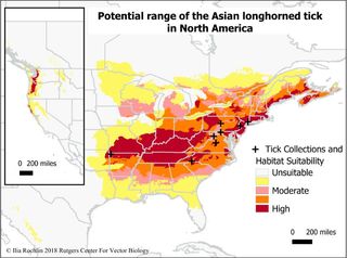 A map showing the potential range of the Asian longhorned tick in North America, according to a new study published in the Journal of Medical Entomology.