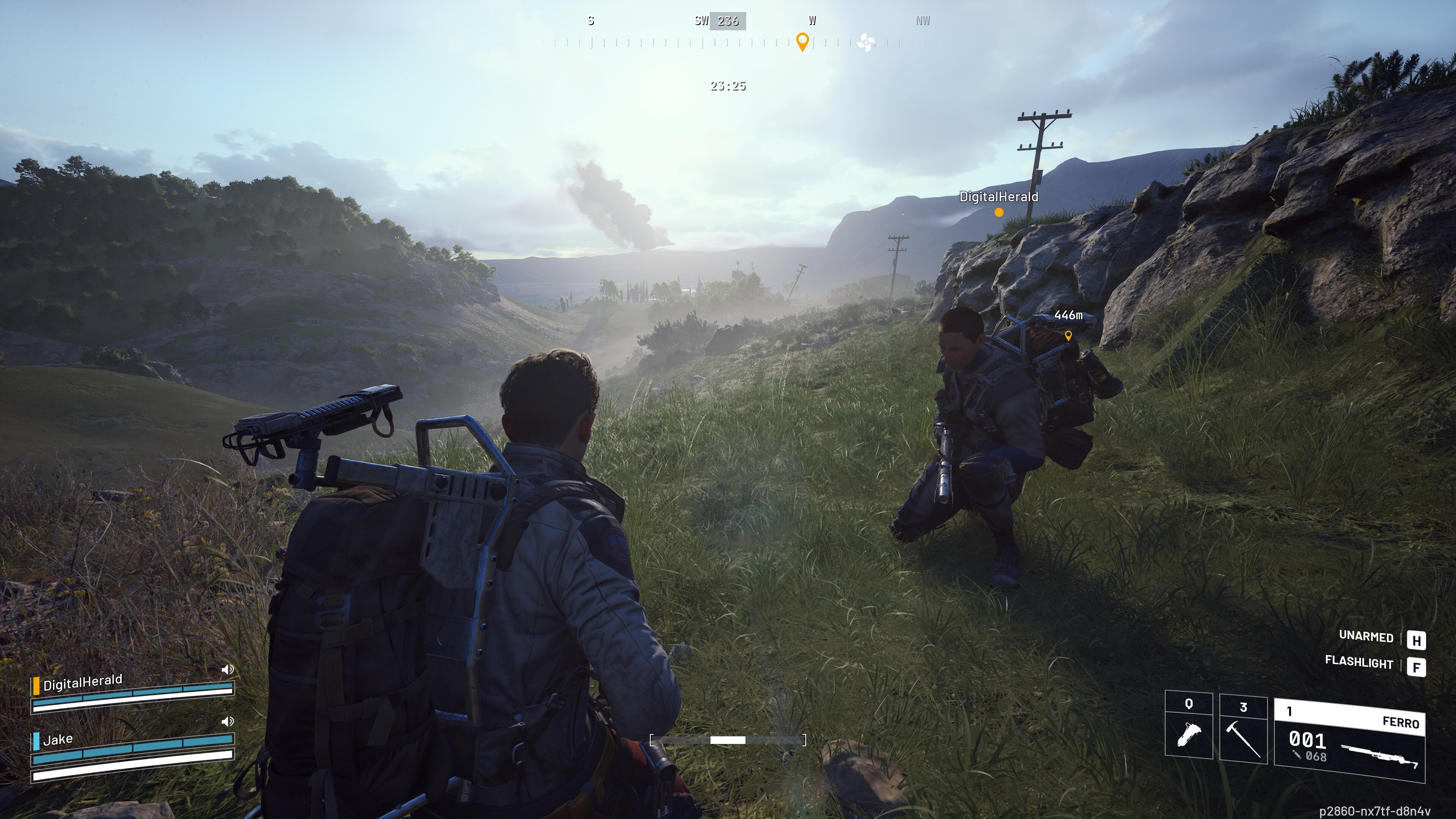 A squad in Arc Raiders crouched holding guns on a hill