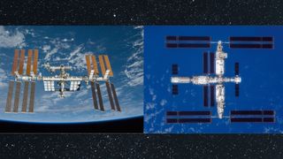 images of two H-shaped space stations on a starry background
