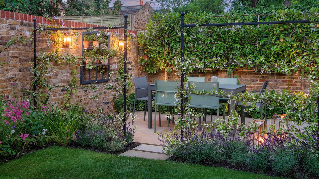 Outdoor dining area with large dining set, patio and planter stand