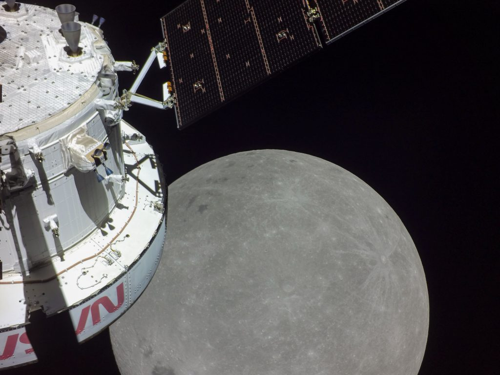 A portion of the far side of the moon as seen from the Orion spacecraft on Nov. 21, 2022 during the Artemis 1 mission.