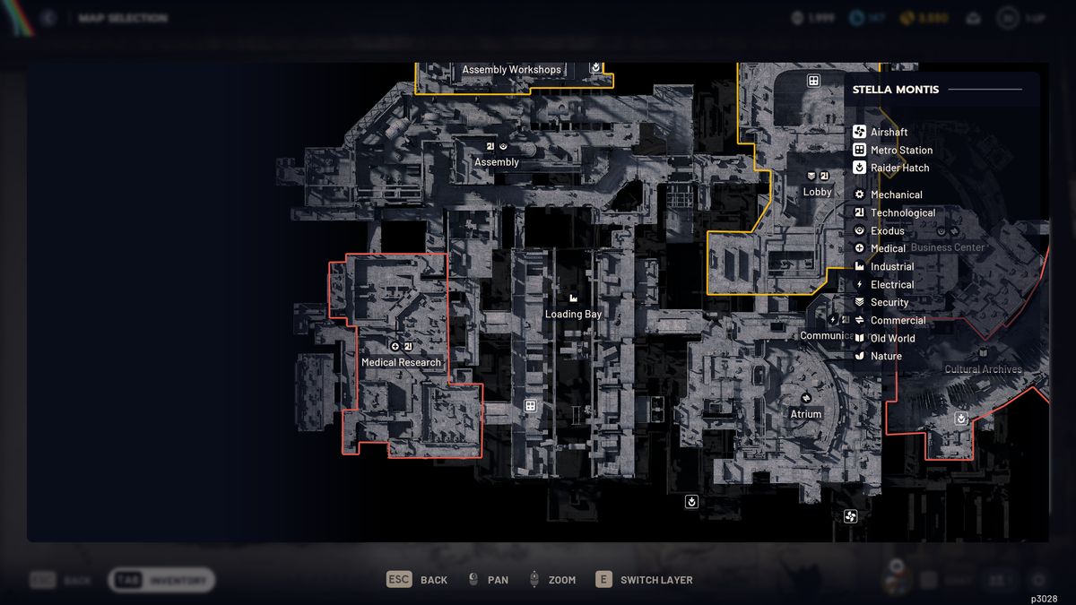Arc Raiders laboratory reagents: A map of Stella Montis, with Medical Research prominently placed in the middle.