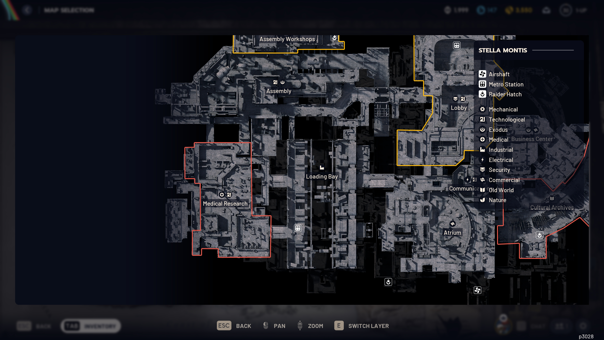 Arc Raiders laboratory reagents: A map of Stella Montis, with Medical Research prominently placed in the middle.
