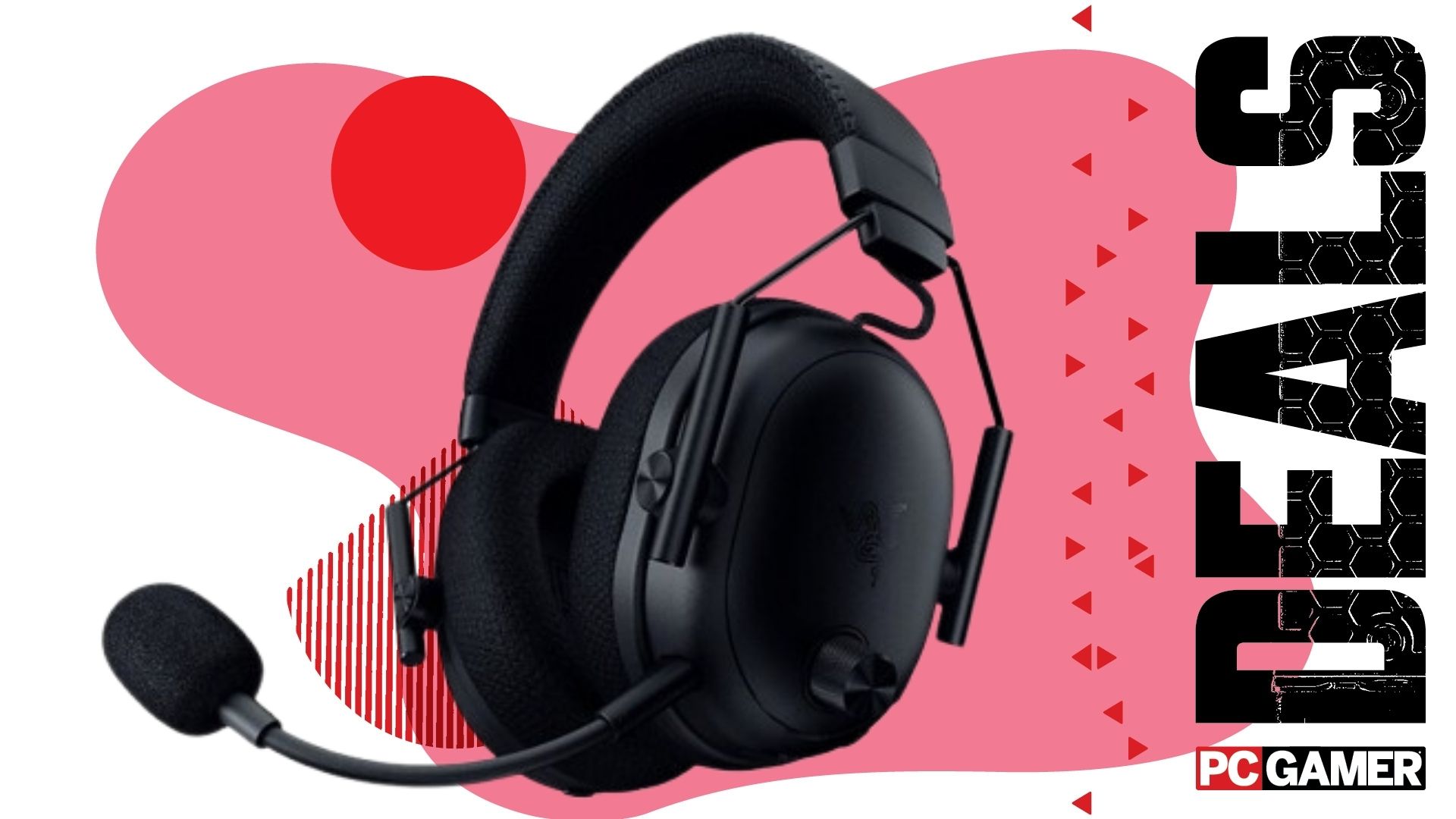 Razer BlackShark V3 on a pink deals background
