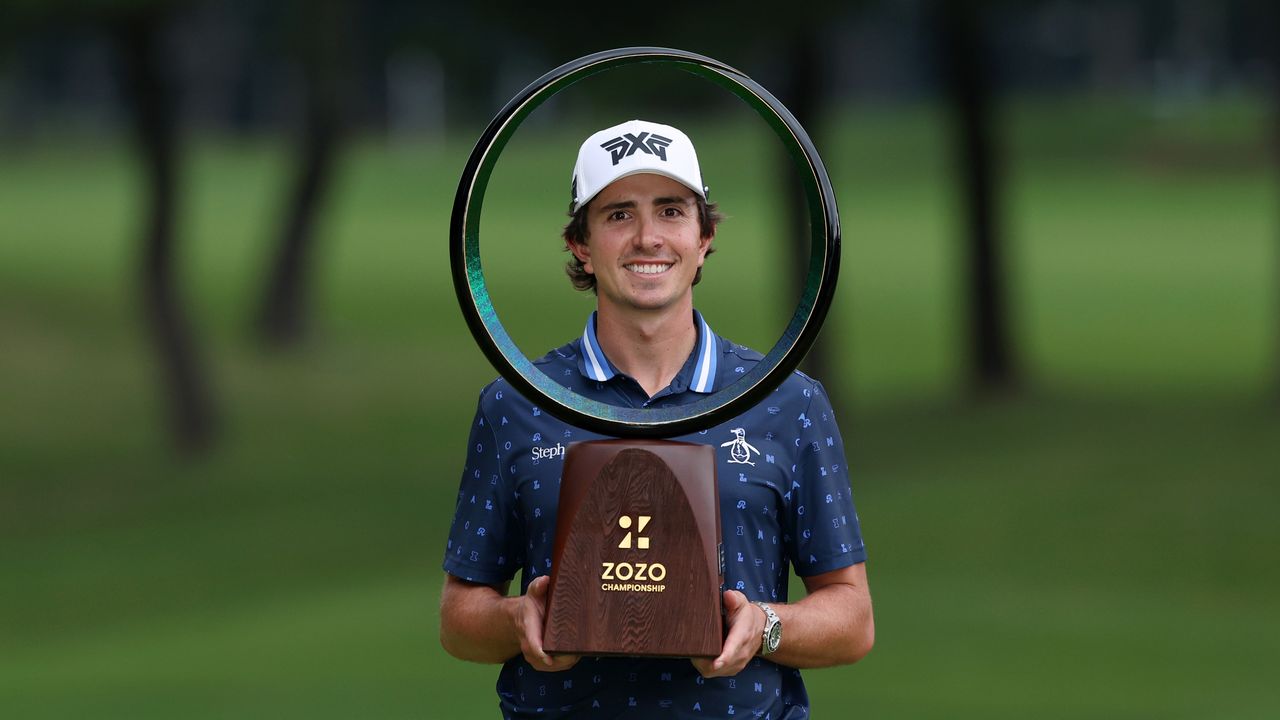 Nico Echavarria holds the 2024 Zozo Championship trophy