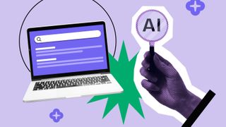 AI powered search engine interface concept, with magnifying glass and laptop showing search screen