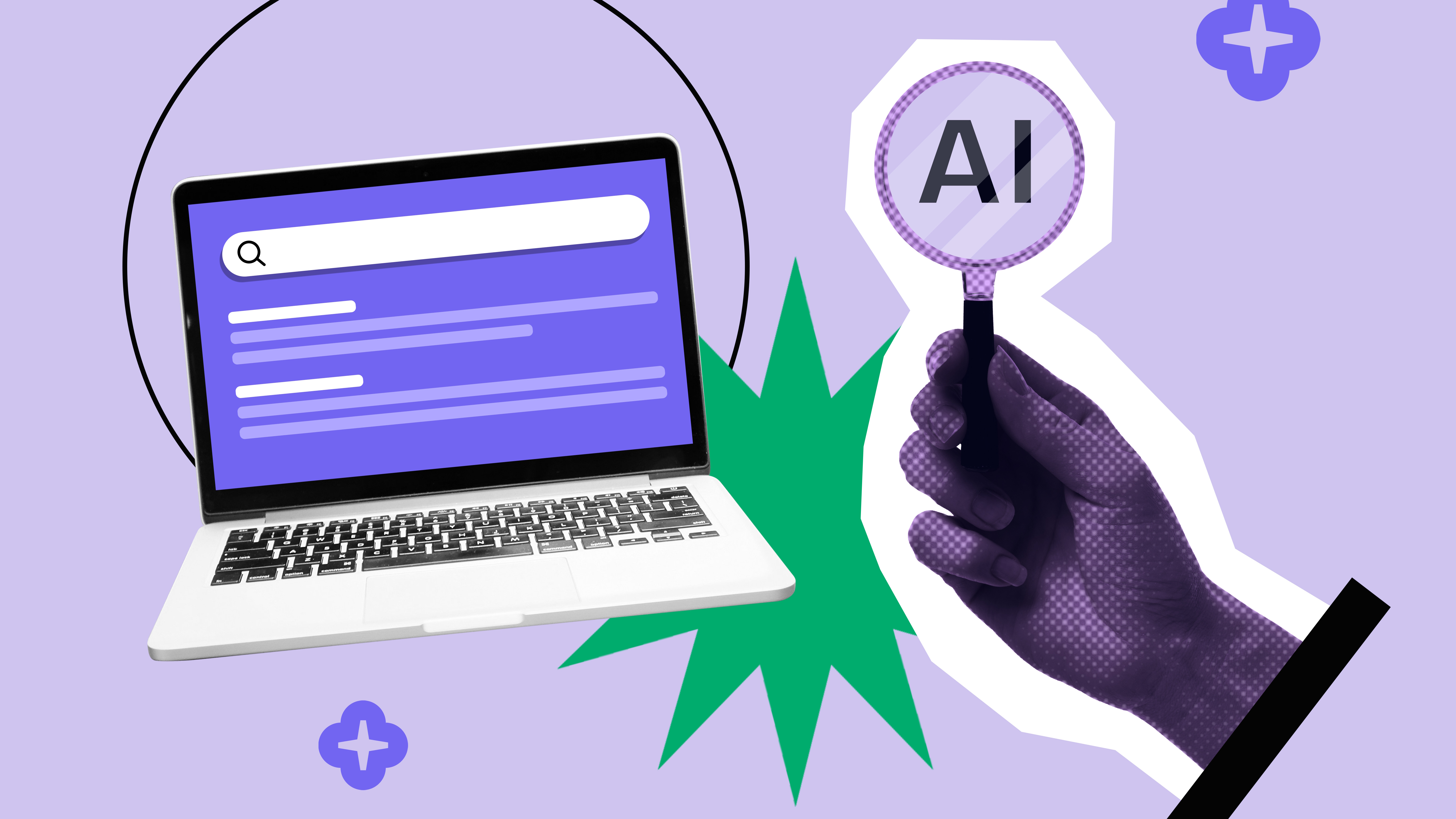 AI powered search engine interface concept, with magnifying glass and laptop showing search screen