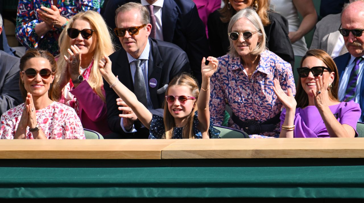 Pippa Middleton, Stefan Edberg, Princess Charlotte of Wales, Marjory Gengler and Catherine Princess of Wales court-side of Centre Court during the men&#039;s final on day fourteen of the Wimbledon Tennis Championships at the All England Lawn Tennis and Croquet Club on July 14, 2024 in London, England.