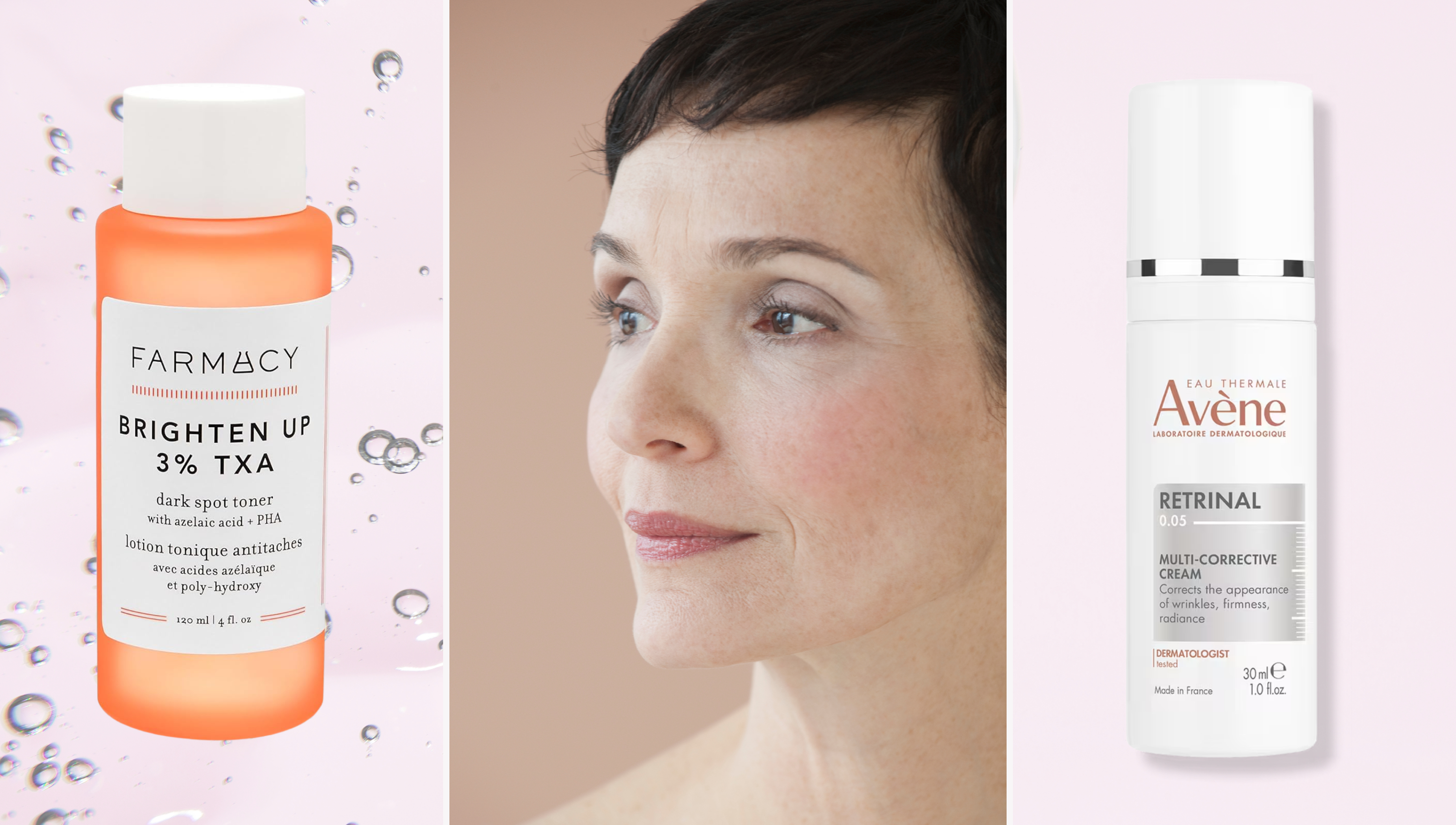a pink serum texture featuring a mature woman with short brown hair and age spots next to two skincare treatments
