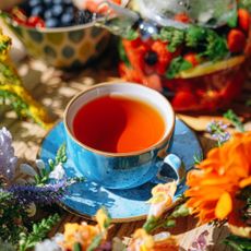 Tea in a blue teacup and saucer surrounded by flowers