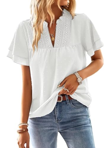Tuuhaw Spring Womens Tops Dressy Casual V-Neck Womens Lace Crochet Tunic Tops Short Sleeve Ruffle Sleeve Shirts White Blouses for Women Uk Plain Bardot Pleated Cute Business Plus Size Xl