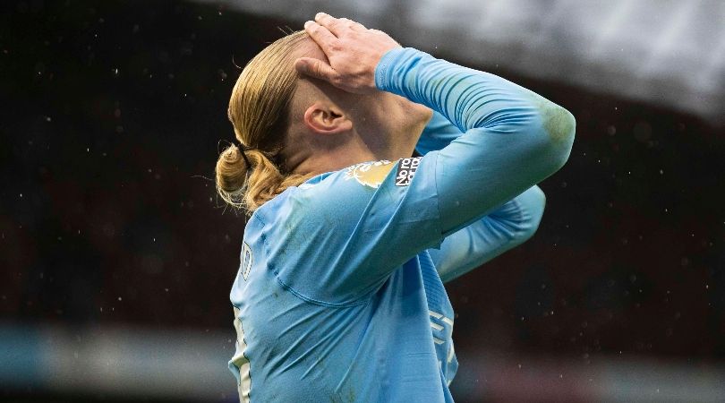 Erling Haaland looks dejected after missing a chance in Manchester City&#039;s Premier League match against Bournemouth in November 2023.