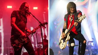 Oliver Ackermann [left] playing on a red-lit stage and Richard Fortus playing his White Falcon live with Guns N' Roses