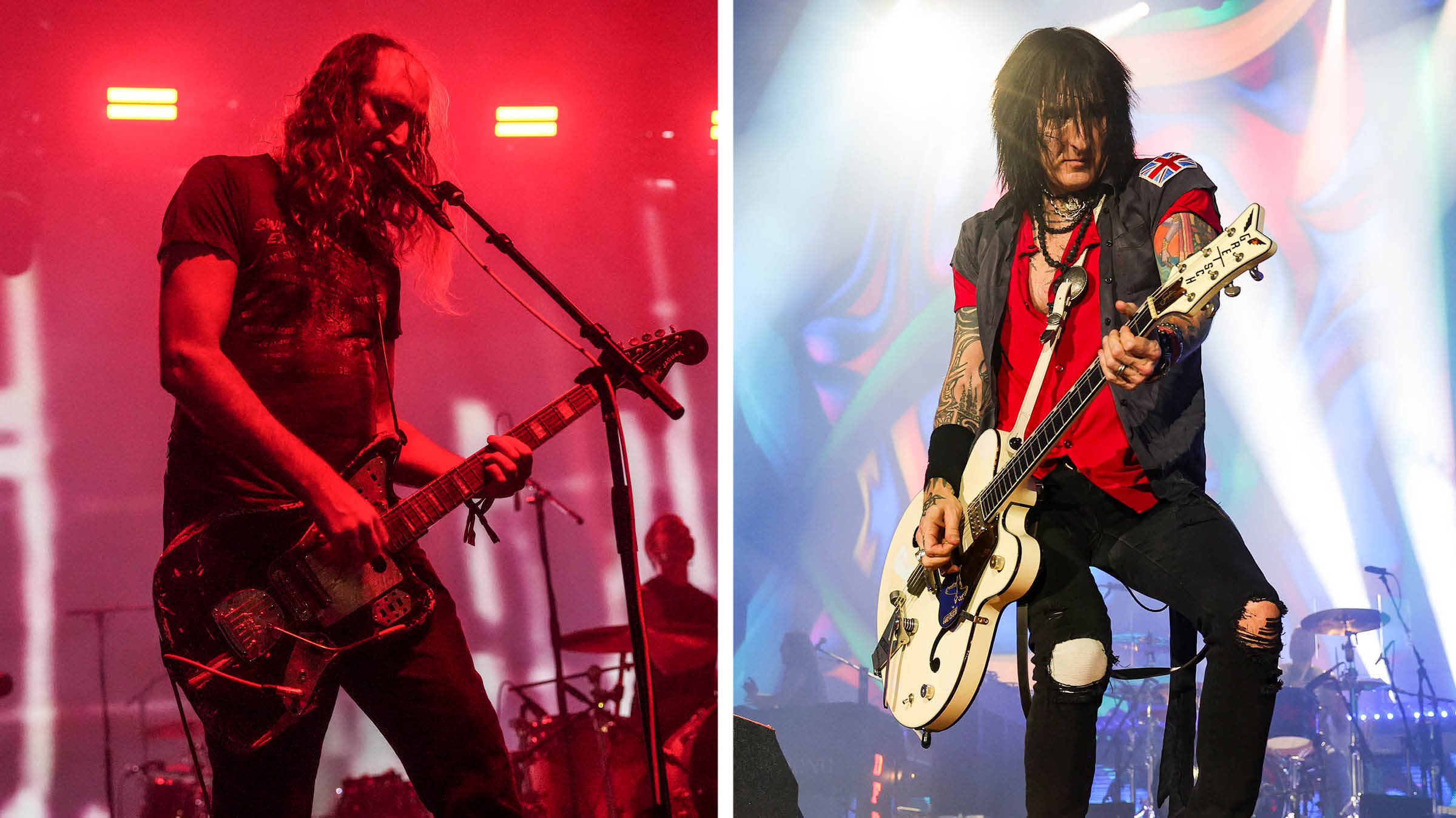 Oliver Ackermann [left] playing on a red-lit stage and Richard Fortus playing his White Falcon live with Guns N' Roses
