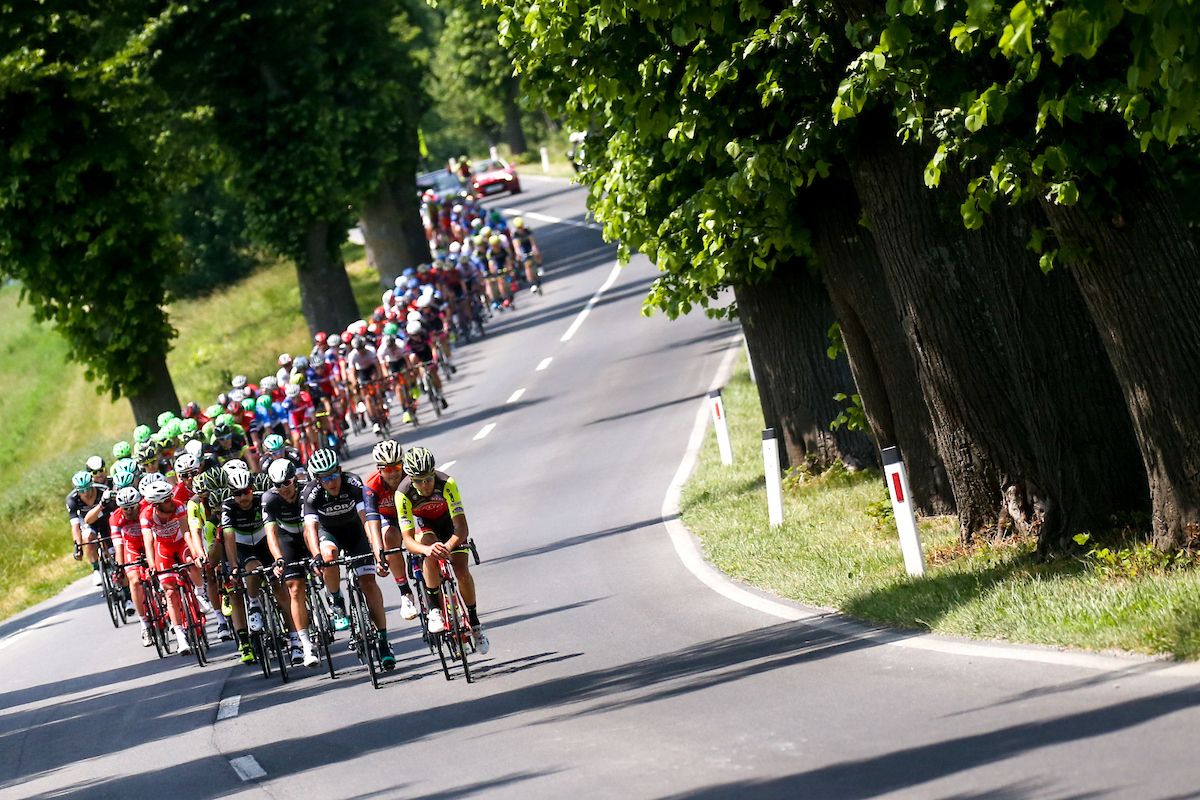 The peloton in a long line during stage 1