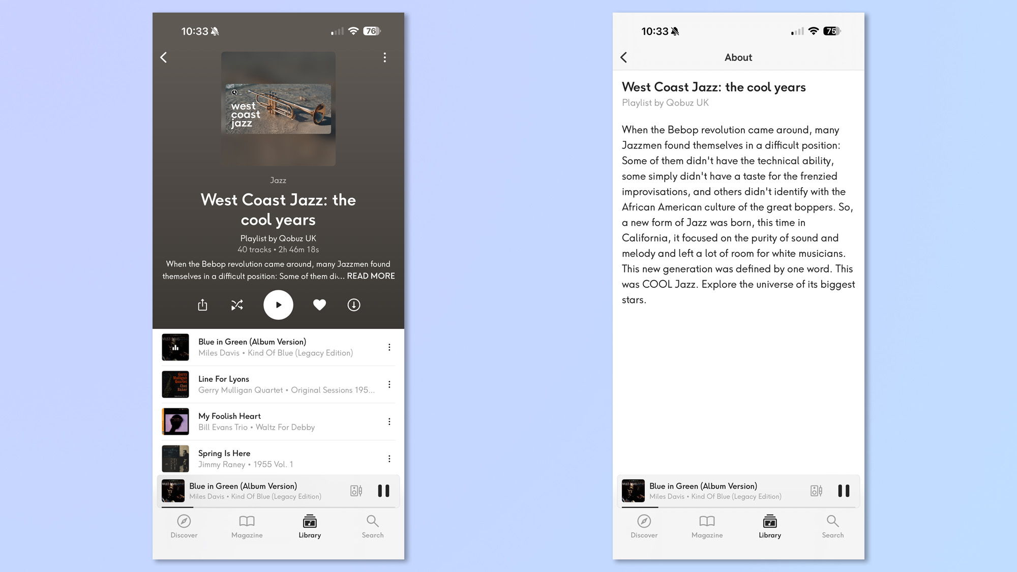 A screenshot from Qobuz showing recommendations and playback