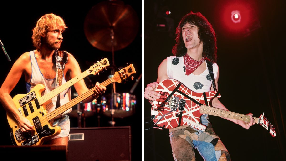 Left-Mike Rutherford of the group Genesis performs onstage at the Poplar Creek Music Theater, Hoffman Estates, Illinois, October 2, 1982; Right-Eddie Van Halen of Van Halen performing at Madison Square Garden in New York City on March 30, 1984