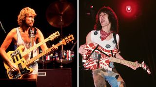 Left-Mike Rutherford of the group Genesis performs onstage at the Poplar Creek Music Theater, Hoffman Estates, Illinois, October 2, 1982; Right-Eddie Van Halen of Van Halen performing at Madison Square Garden in New York City on March 30, 1984