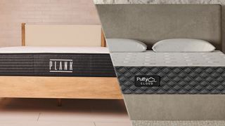 The Plank Firm Mattress on a bed frame (left) and the Puffy Cloud mattress on a bed frame (right)