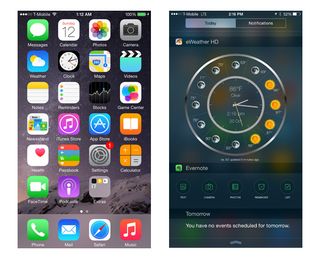iOS 8 Home screen (left) and the Today view showing widgets for eWeather HD and Evernote (right)