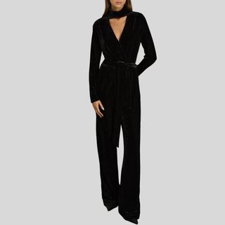 Vera Velvet Belted Wide Leg Jumpsuit in Black