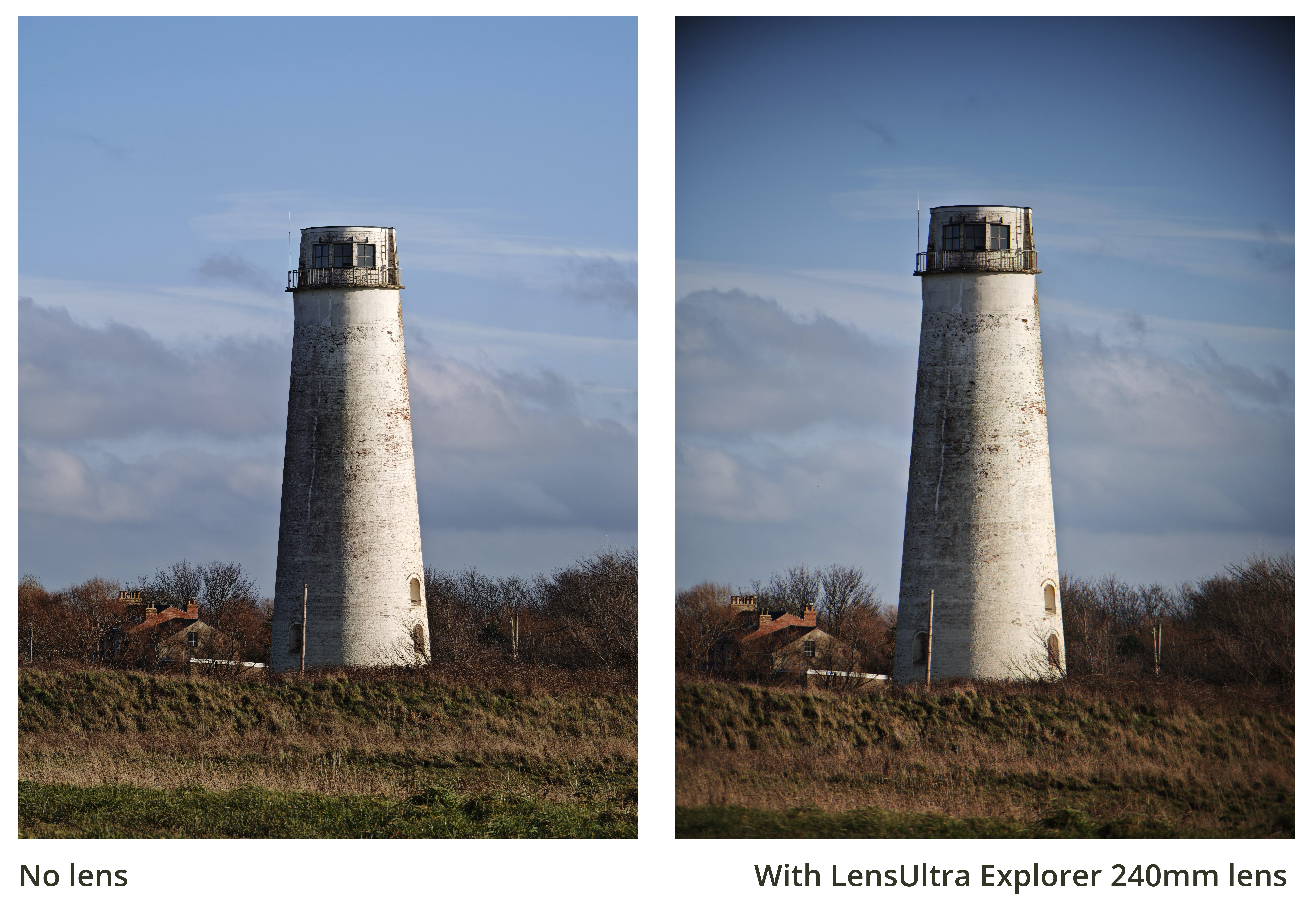 Two images of a lighthouse in front of a blue sky