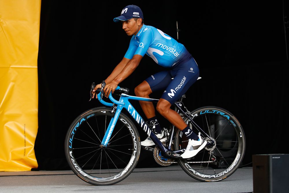 Nairo Quintana rides on stage at the 2018 Tour de France team presentation