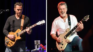 Left-Dweezil Zappa performs at The Bombard Theater on March 05, 2020 in Louisville, Kentucky; Right-Eddie Van Halen of Van Halen performs at Music Midtown at Piedmont Park on September 19, 2015 in Atlanta, Georgia. (