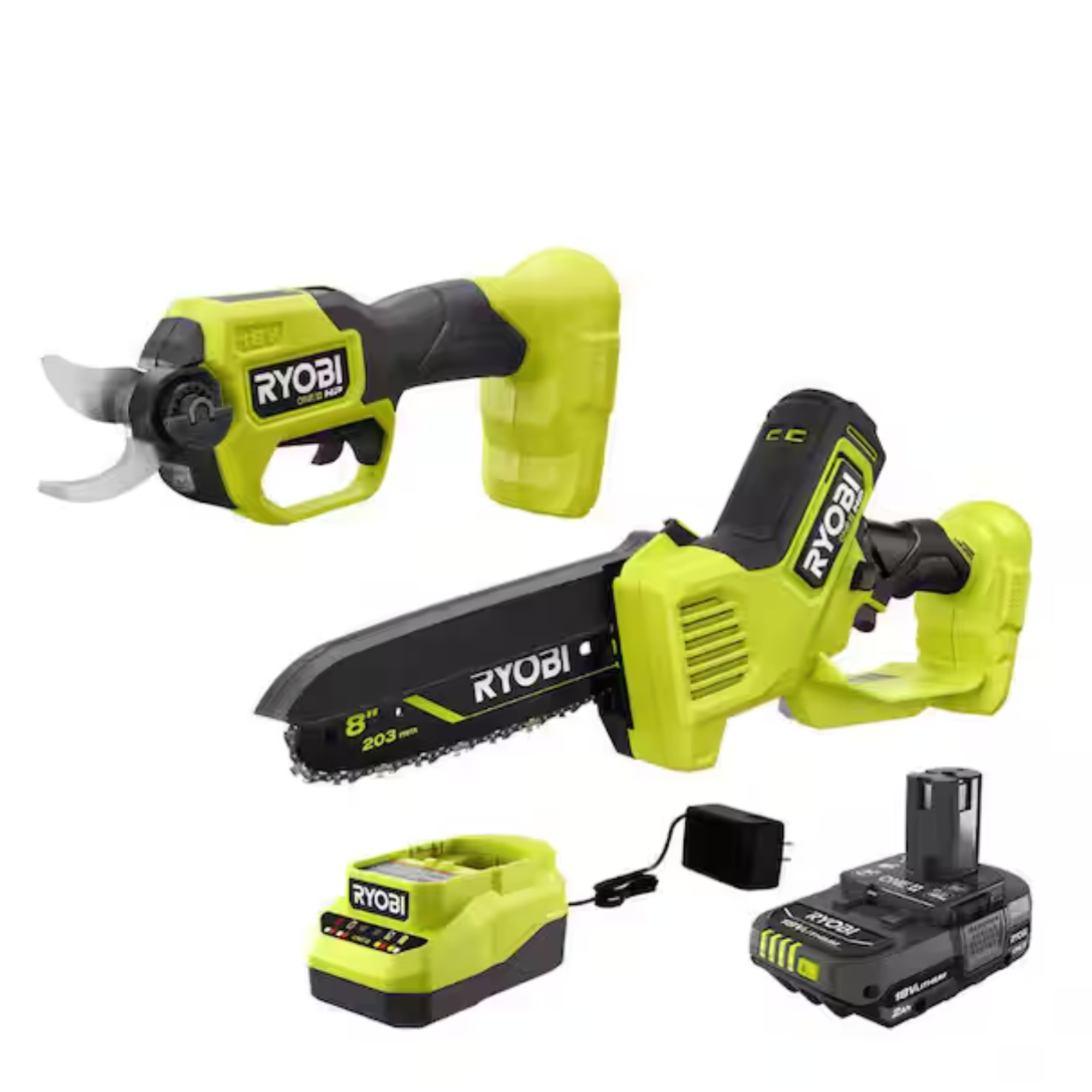 Ryobi ONE+ HP 18V Brushless 8 in. Battery Compact Pruning Mini Chainsaw and Pruner kit