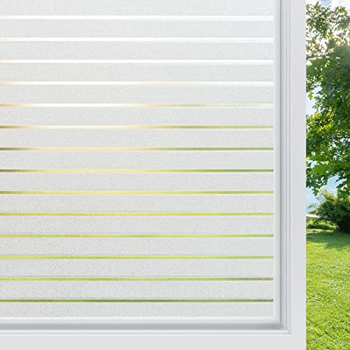 Rabbitgoo Window Film Privacy Film for Glass Windows Static Cling 44.5 X 150 Cm, Frosted Privacy Sticker No Glue Glass Coverings Opaque Uv Protection White Stripe for Office Living Room Kitchen