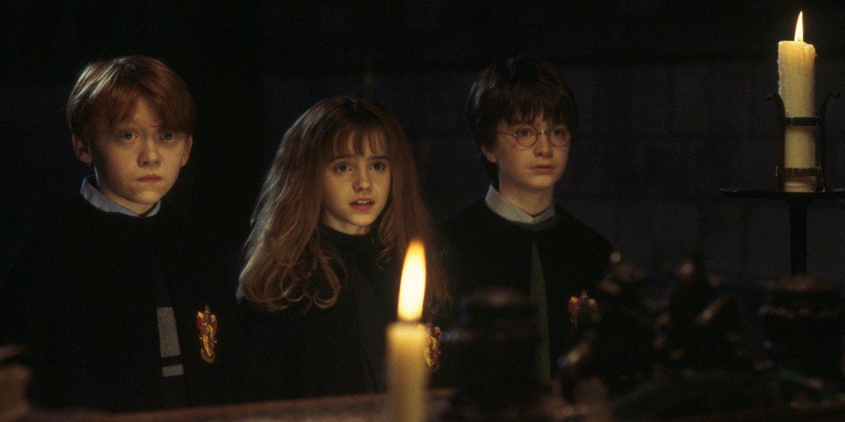 Rupert Grint, Emma Watson and Daniel Radcliffe as Ron, Hermoine and Harry in Sorcerer&#039;s Stone