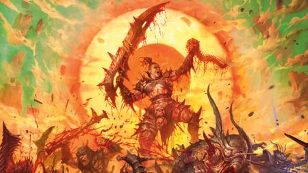 A warrior covered in blood holds up a skull and spine on Dark Sun's world of Athas