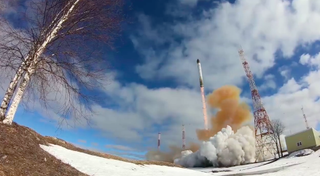 This screenshot from a Russian Ministry of Defense video shows the first full test launch of the Sarmat intercontinental ballistic missile on April 20, 2022.