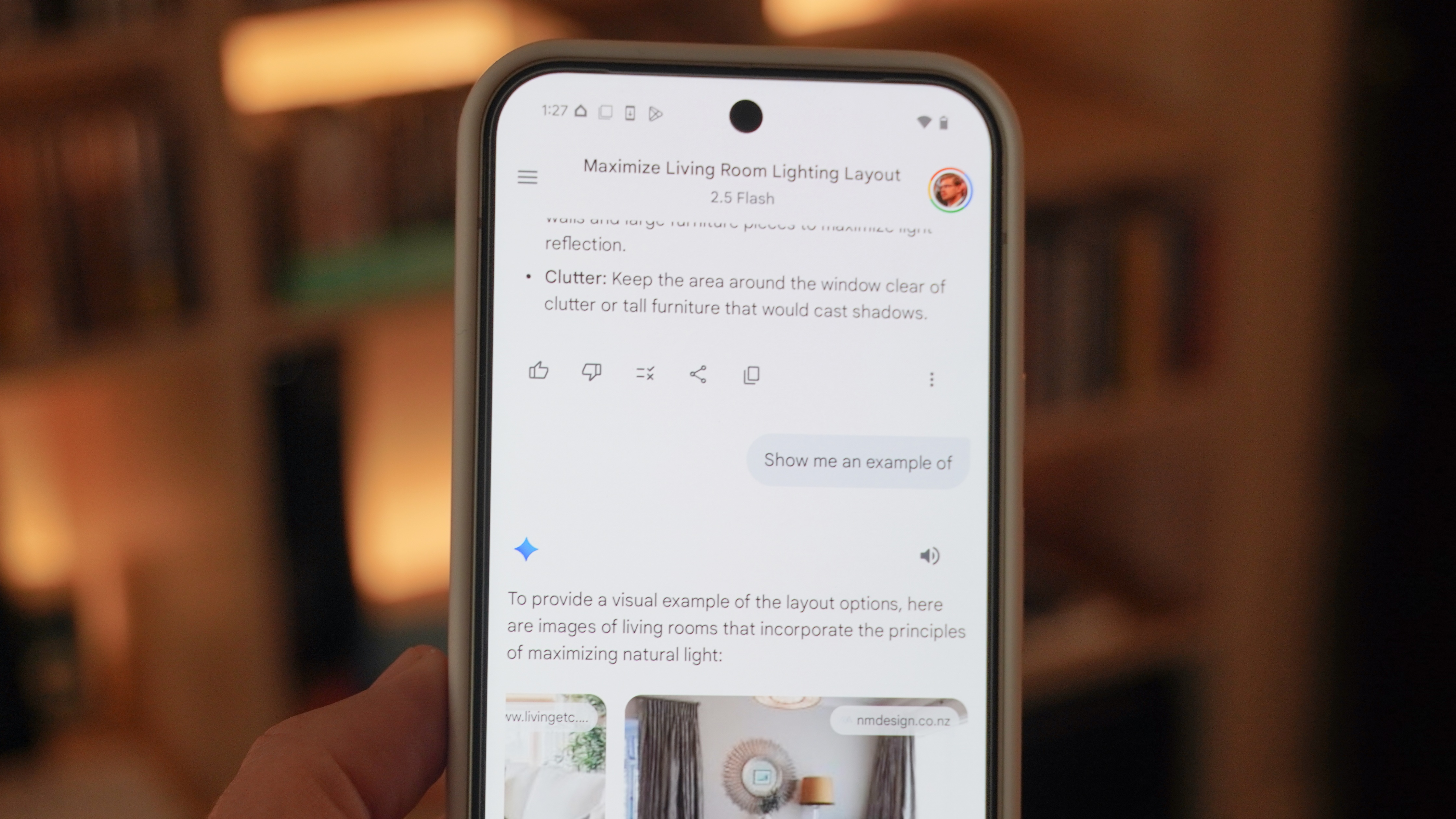 Gemini chats showing interior design tips on a Google Pixel 9 Pro XL.