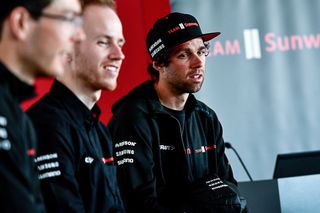 Australian Michael Matthews (Team Sunweb) takes part in a press conference in Waregem prior to the start of the Tour of Flanders