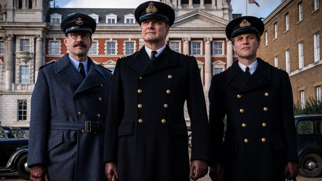 Matthew Macfadyen, Colin Firth, and Johnny Flynn pose in uniform at Operation Mincemeat.